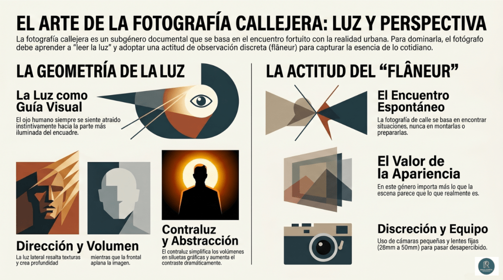 Infografía sobre el uso de la luz natural y la perspectiva en la foto de calle.