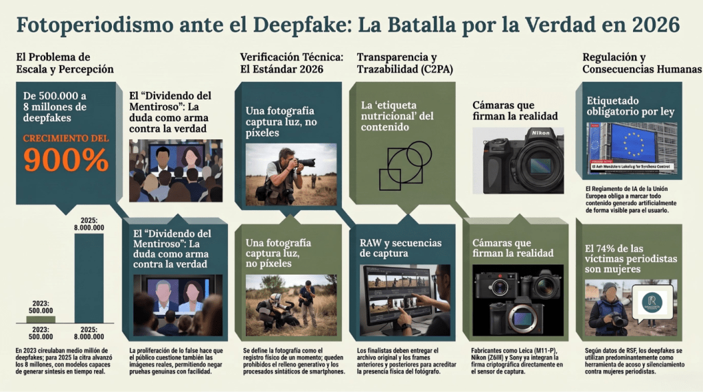 Infografía sobre los desafíos que los Deepfakes y la IA Generativa suponen para la credibilidad y los procesos de verificación en el fotoperiodismo