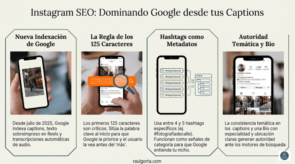 Instagram SEO: Infografía sobre cómo optimizar a los Captions en Instagram para mejorar su indexación en Google.