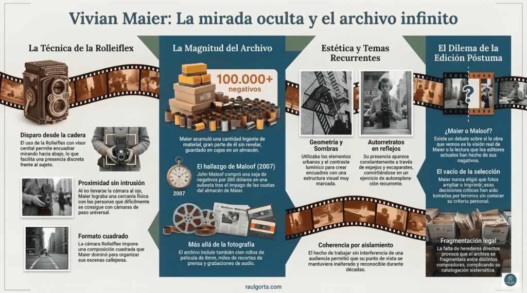 Infografía sobre Vivian Maier y la ausencia de exposición a la audiencia de su trabajo fotográfico