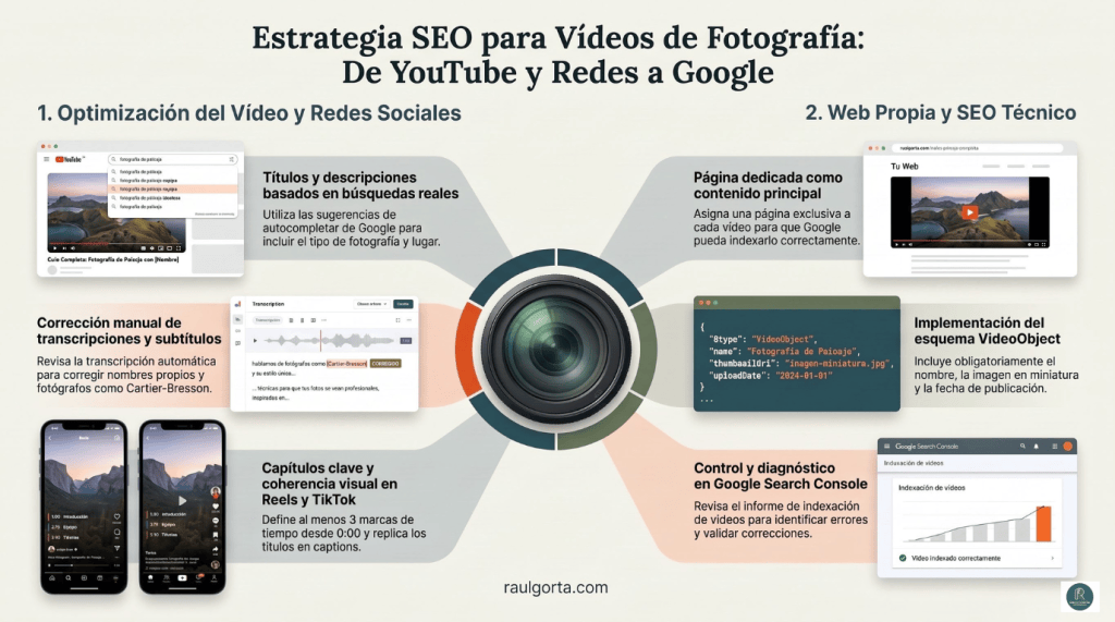 Infografía que resume algunas claves de una estrategia SEO para posicionar vídeos en Youtube ,Instagram y TikTok